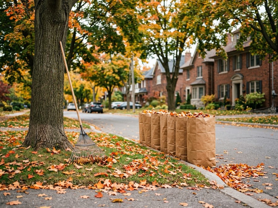 Autumn yard cleanup with paper yard waste bags at the curb