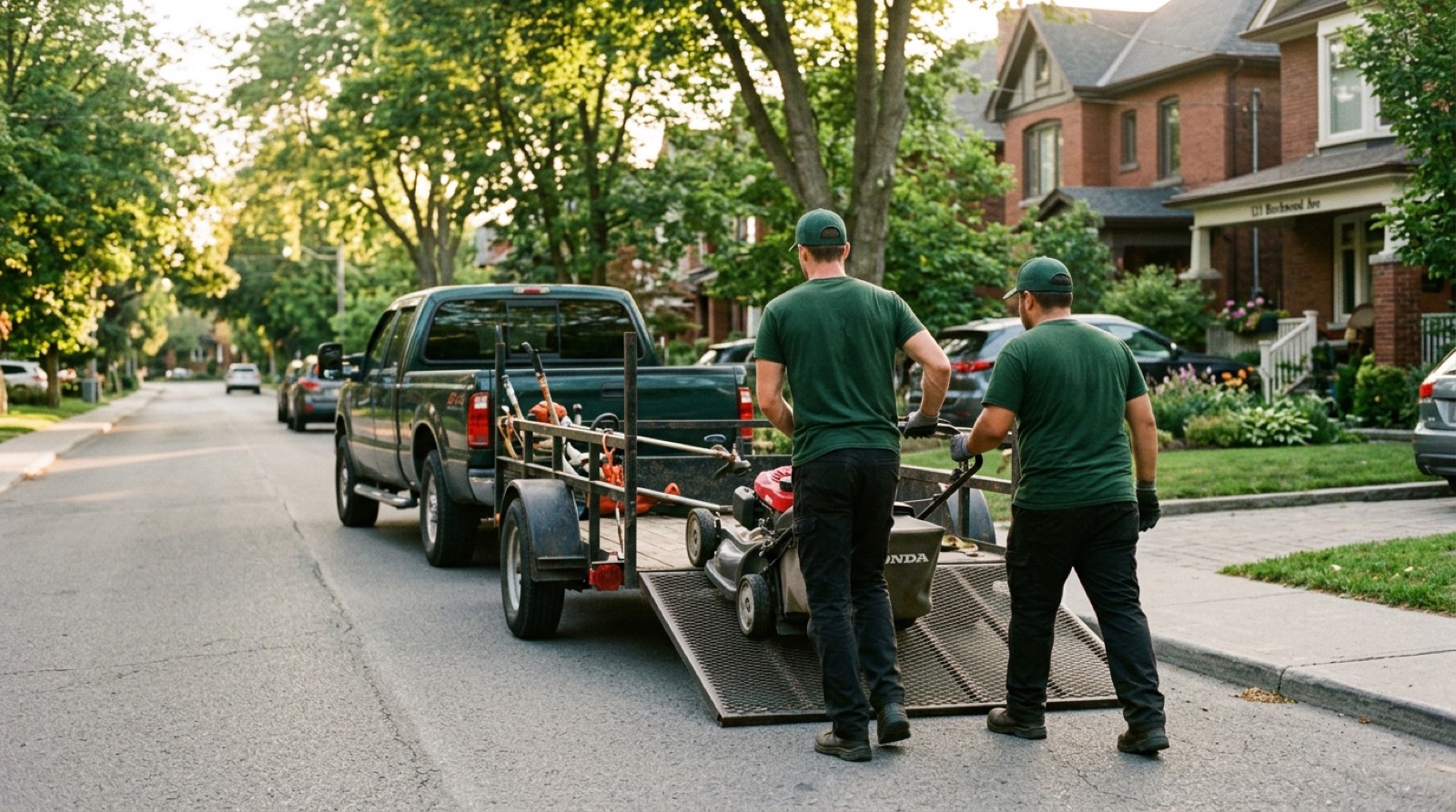 Crew loading a mower onto an equipment trailer