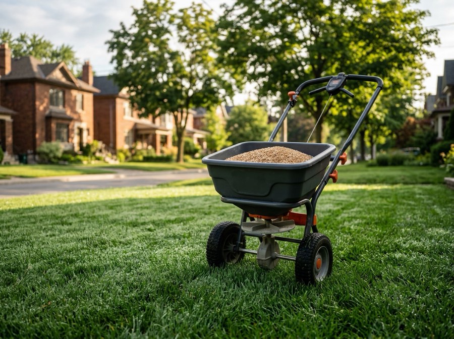 Fertilizer spreader on a healthy lawn