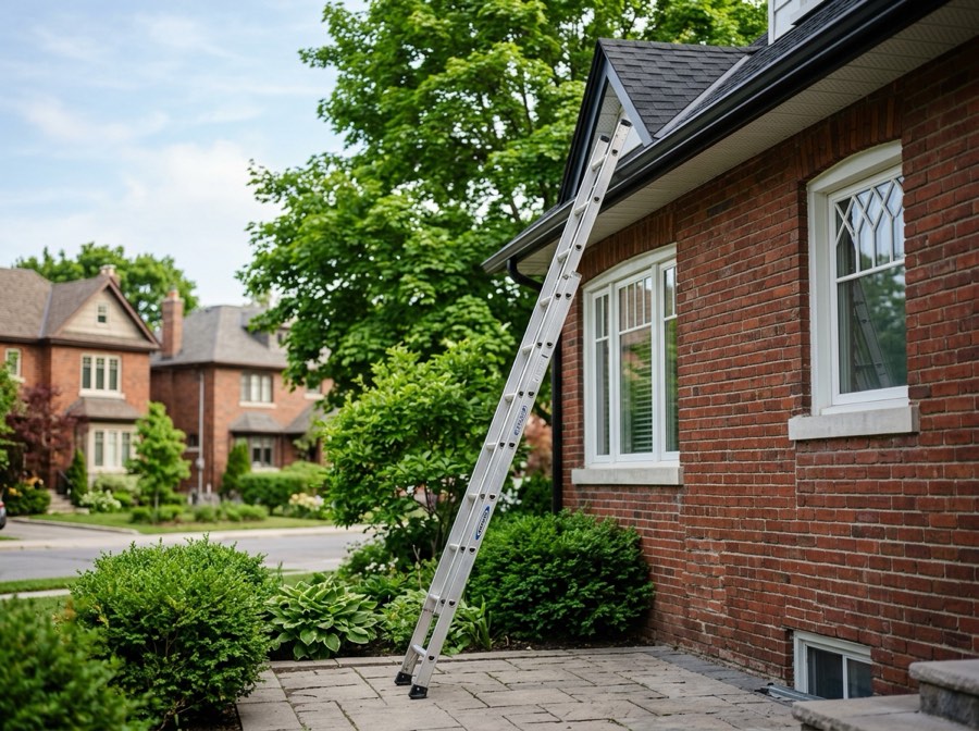 Ladder against a two-storey brick home with clean gutters