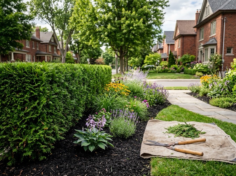 Perfectly trimmed cedar hedge beside a mulched garden bed