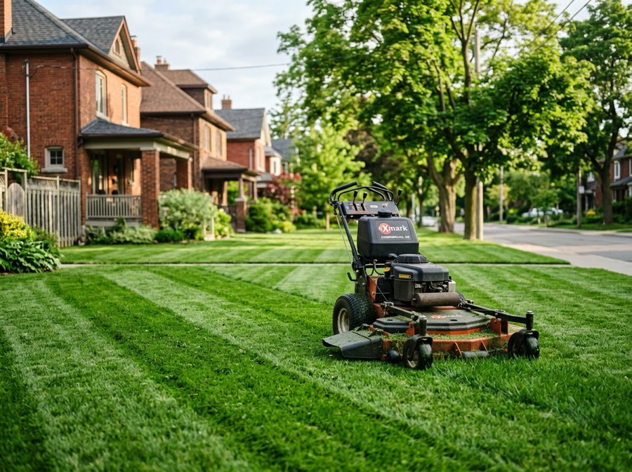 Commercial mower cutting crisp stripes into a green lawn