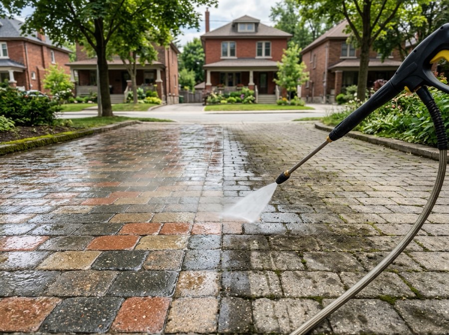 Interlock driveway half cleaned by pressure washing