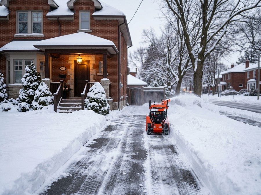 Snowblower clearing a residential driveway after snowfall